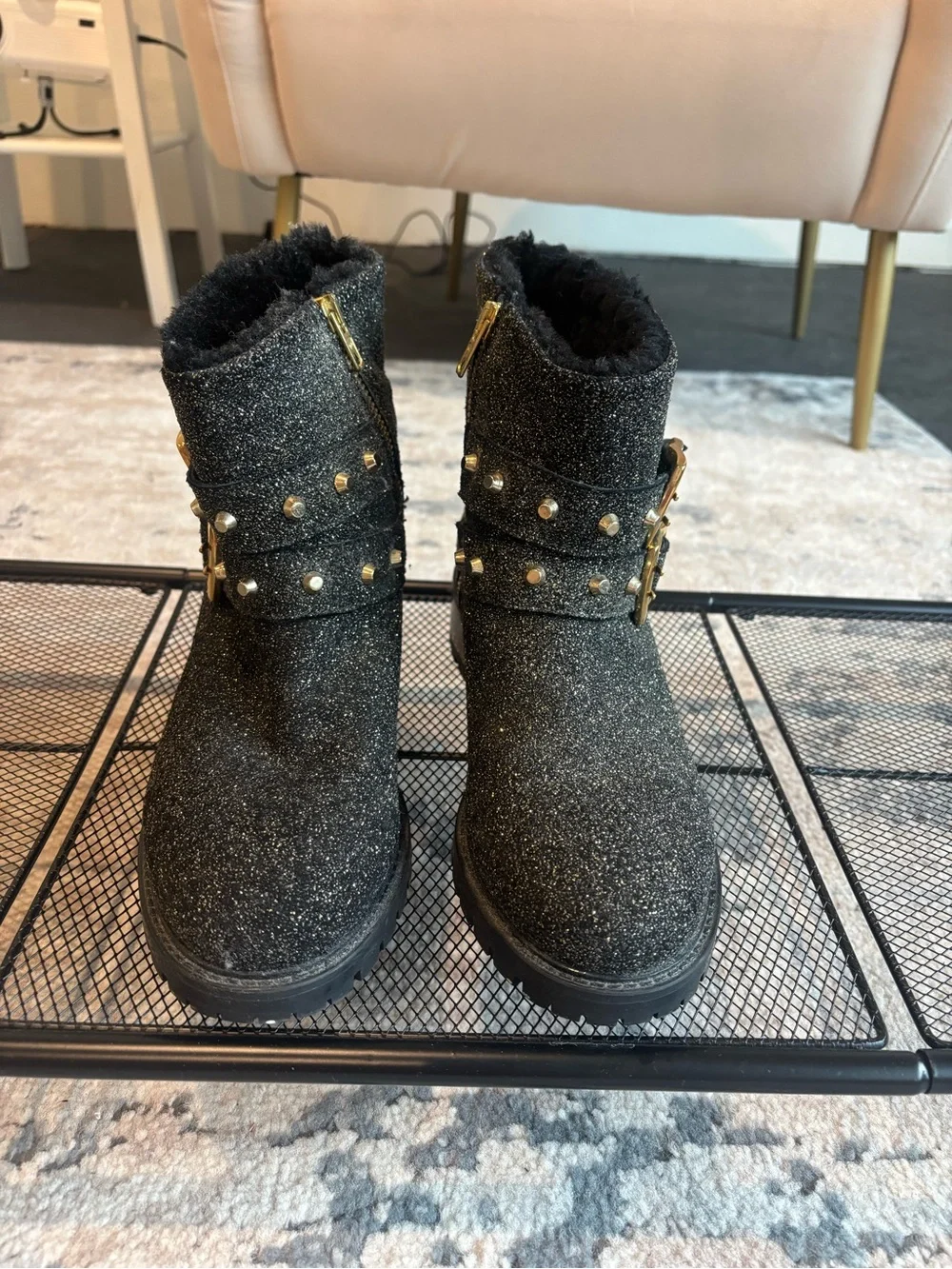 Girls' Black Glitter Fur-Lined Ankle Boots with Gold Stud Accents